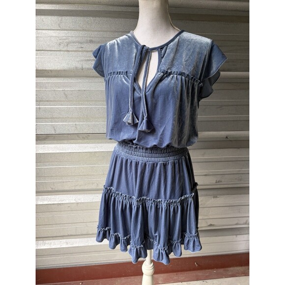 MISA Velvet Dress Blue Tiered Ruffles Tassels Size Medium NWT - Picture 2 of 15